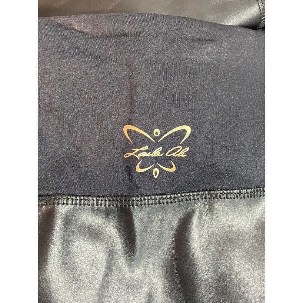 Laila Ali Black Athletic Leggings with Faux Leather Leg Trim & Pockets Womens 3X - Picture 10 of 11